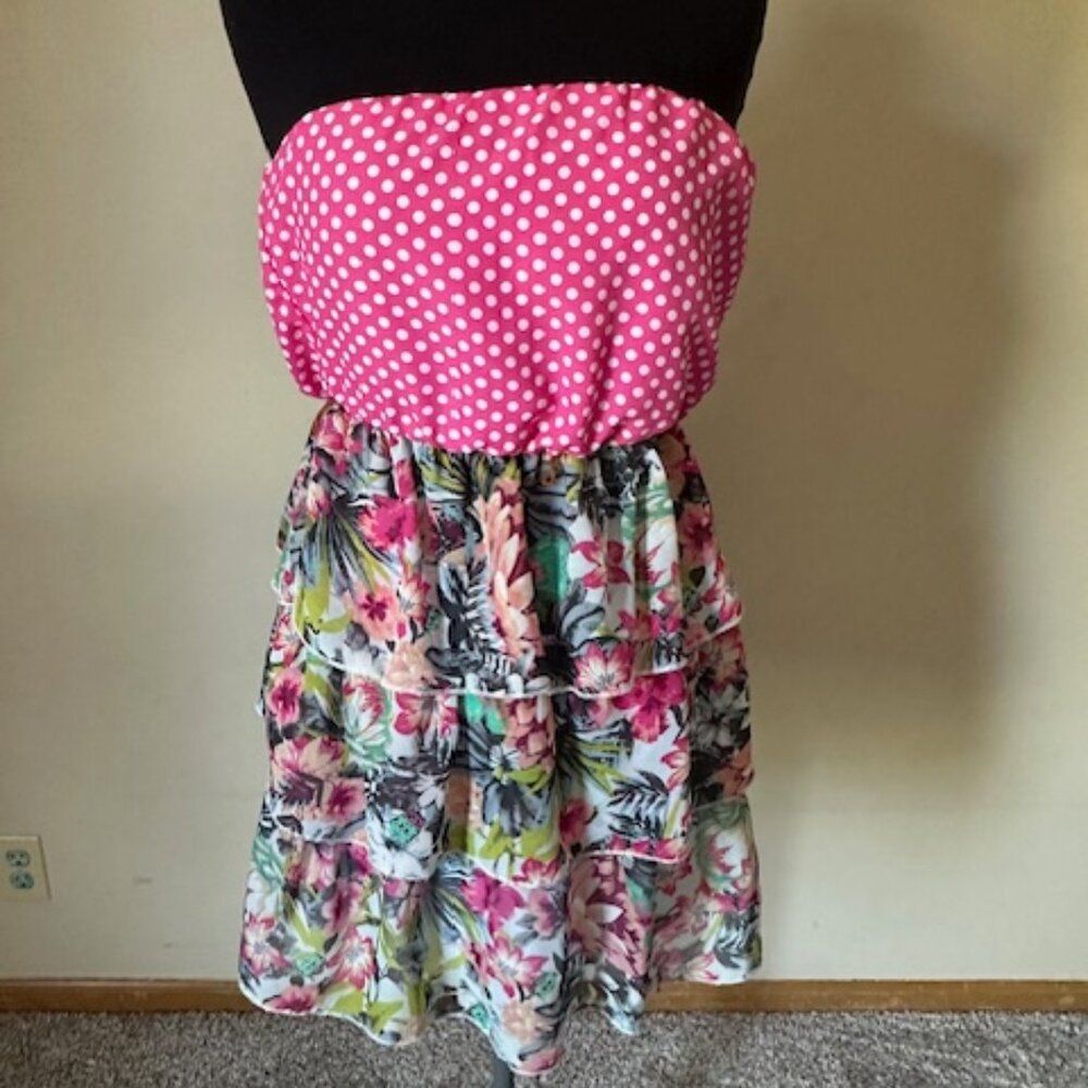 Ruby Rox Pink Polka Dot Floral Layered Dress 8568 Size 3